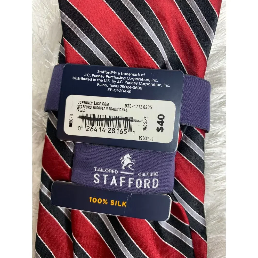 NWT Stafford Big & Tall Silk Red Blue Gray Stripe Neck Tie  100% Silk XL Tall